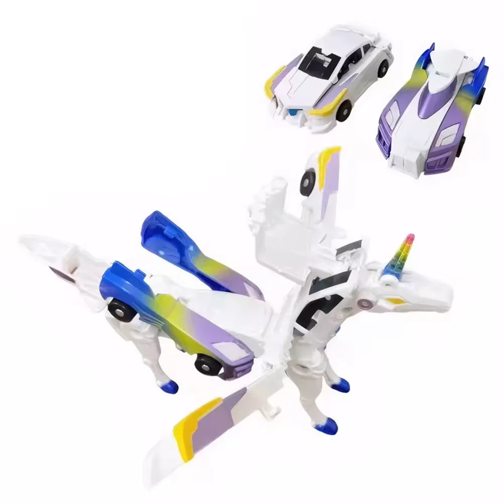 A white and purple unicorn transformable car toy with a vehicle mode and a unicorn mode.