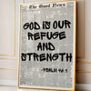 Framed canvas wall art featuring a vintage newspaper style quote that reads God is our refuge and strength from Psalm 46:1
