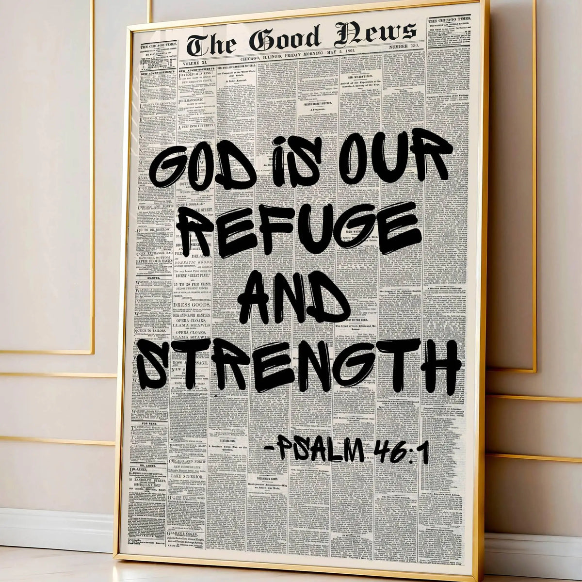 Framed canvas wall art featuring a vintage newspaper style quote that reads God is our refuge and strength from Psalm 46:1