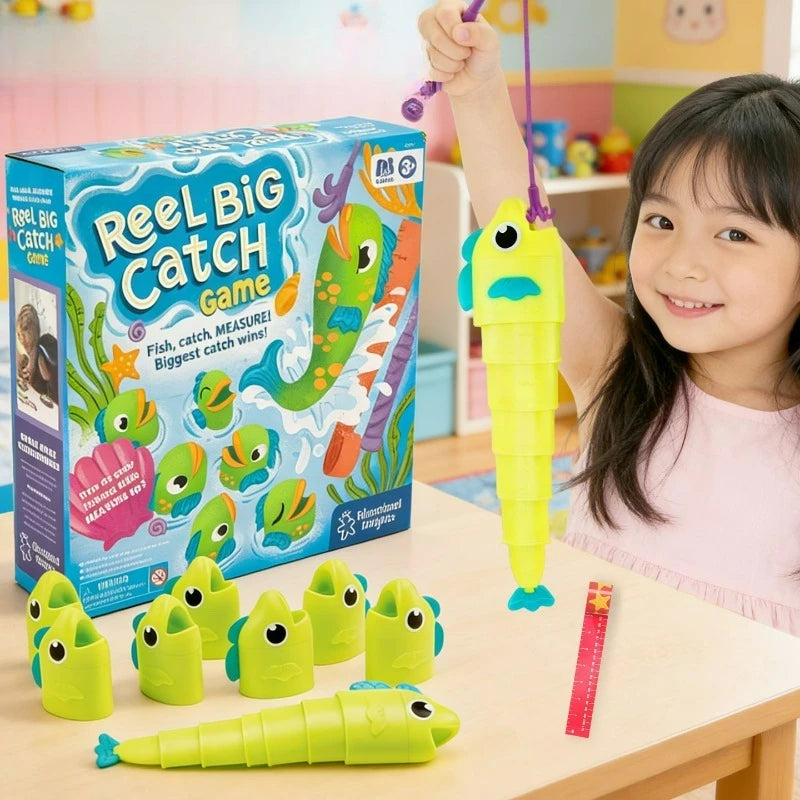 A young girl is holding a yellow fishing game with a green fish, next to the box and other parts.