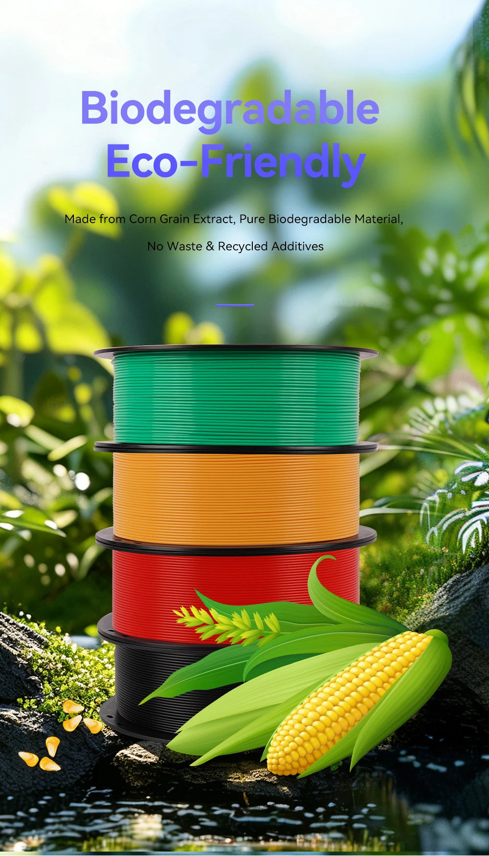 A stack of ten colored filament spools rests on a dark rock with corn stalks and green leaves.
