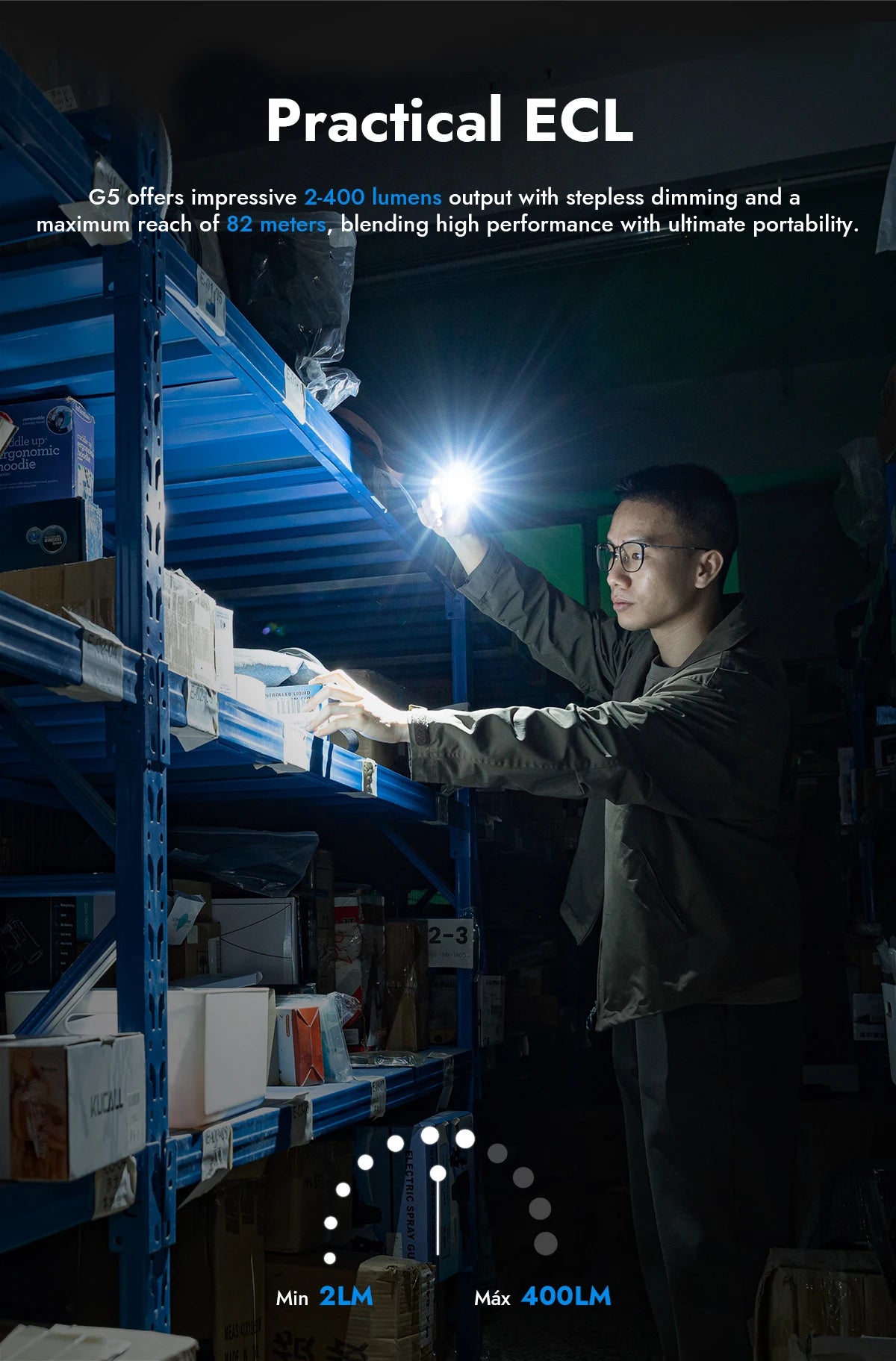 A man uses a Wuben G5 flashlight to illuminate a shelf in a dark warehouse setting.