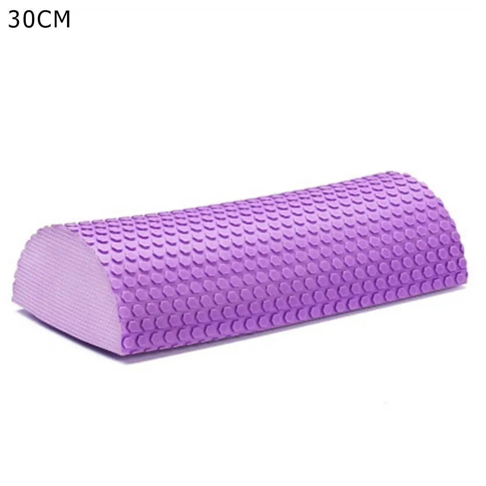 Purple half-round EVA foam roller measuring 30cm for muscle relief and yoga balance