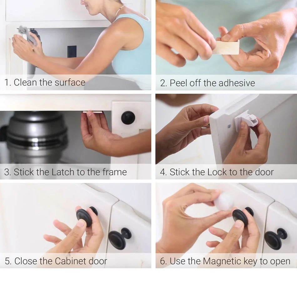 Step-by-step instructions showing how to install and use an invisible magnetic cabinet lock with a key.