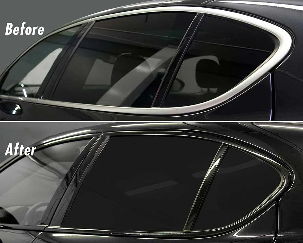 Before and after comparison of a glossy black vinyl wrap strip applied to a car window trim.