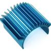 A close-up view of a blue, finned receiver parts kit for an RC car.
