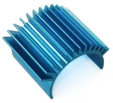 A close-up view of a blue, finned receiver parts kit for an RC car.