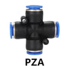 A black pneumatic push-to-connect fitting with blue end caps and silver connections.