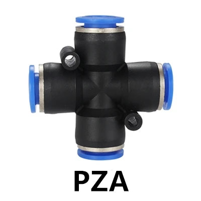A black pneumatic push-to-connect fitting with blue end caps and silver connections.