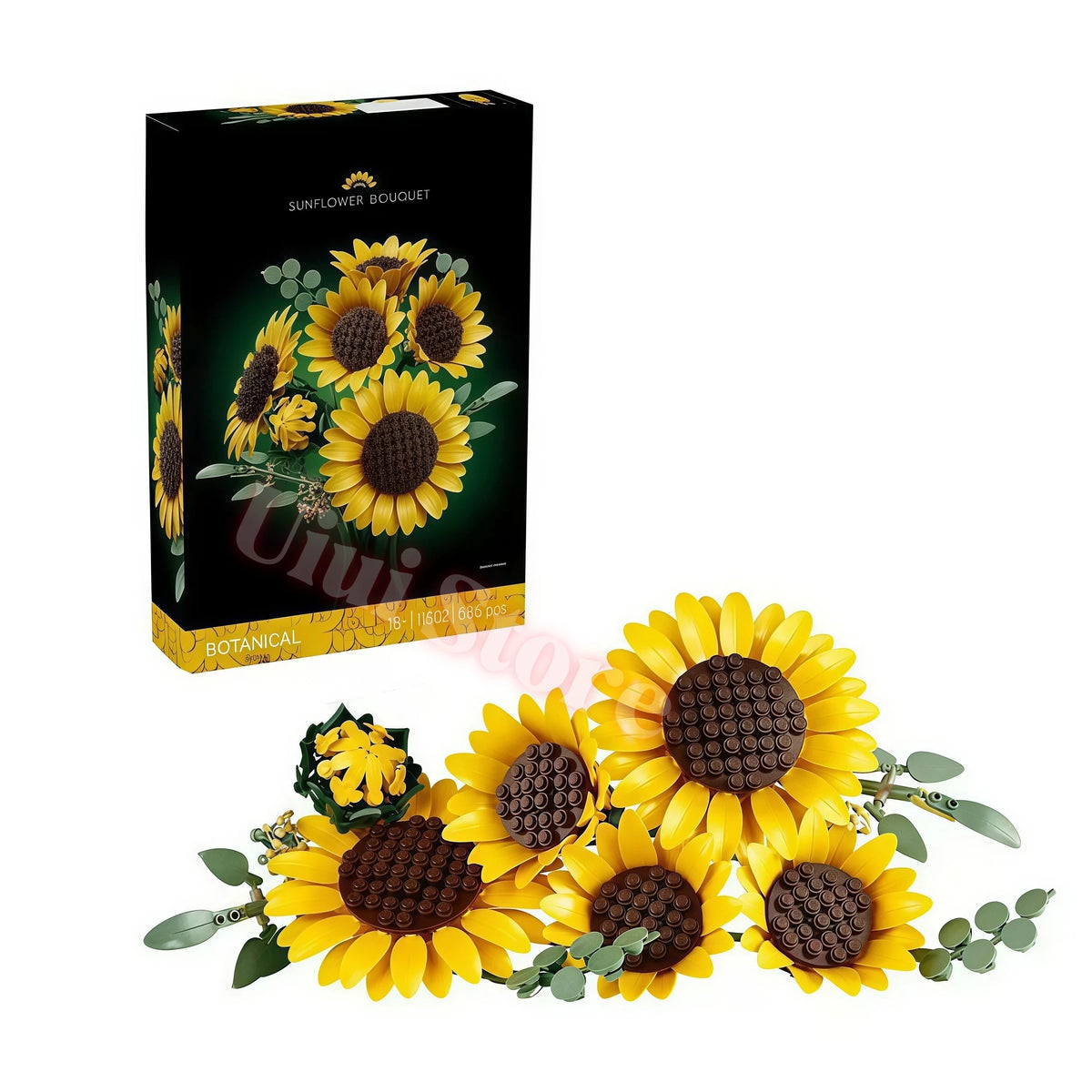 A box of Botanical Blooms building block set featuring artificial sunflower flowers.