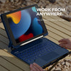 A blue Dexnor magnetic keyboard case with a trackpad is shown open on an iPad, emphasizing work from anywhere.