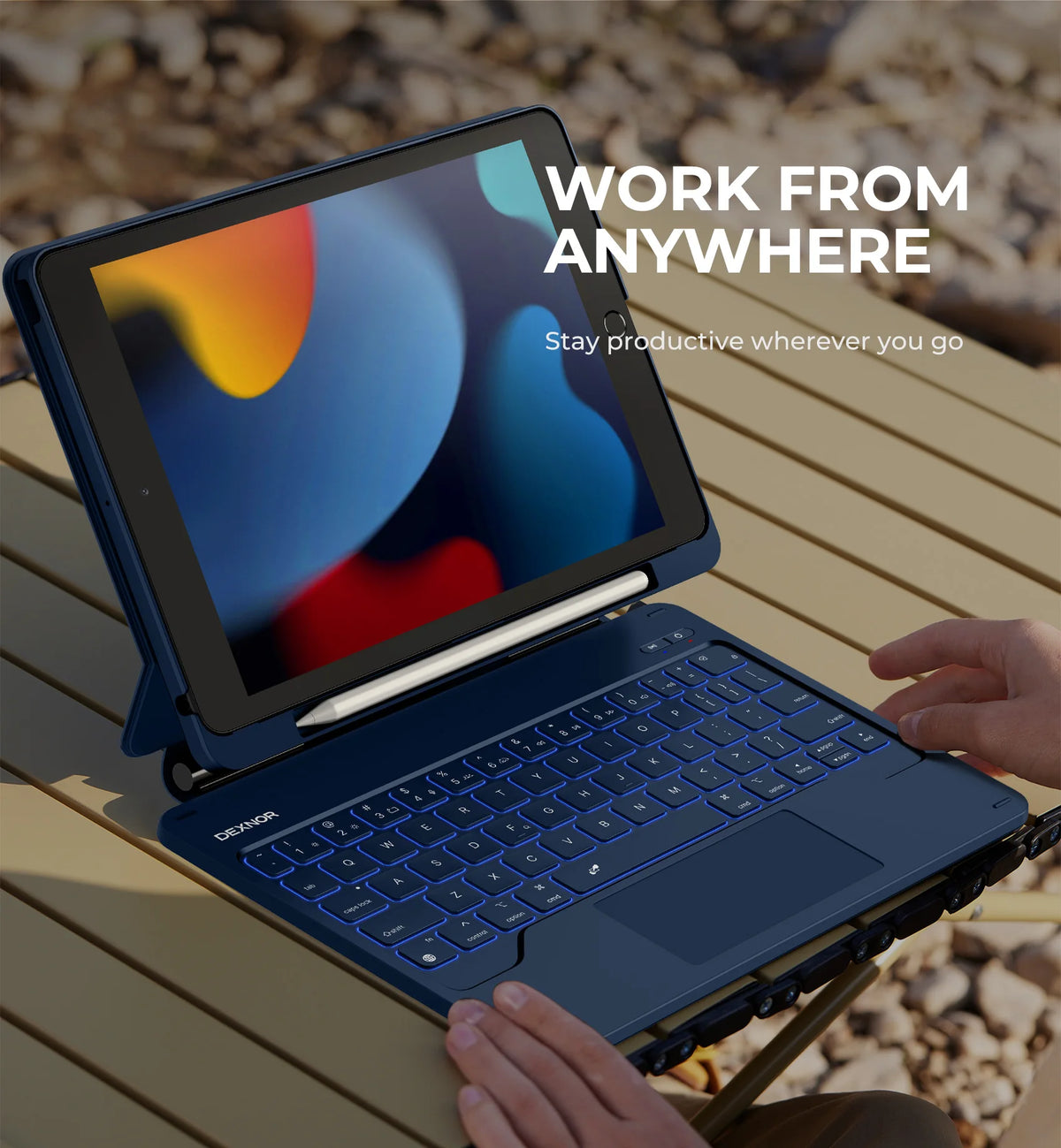 A blue Dexnor magnetic keyboard case with a trackpad is shown open on an iPad, emphasizing work from anywhere.