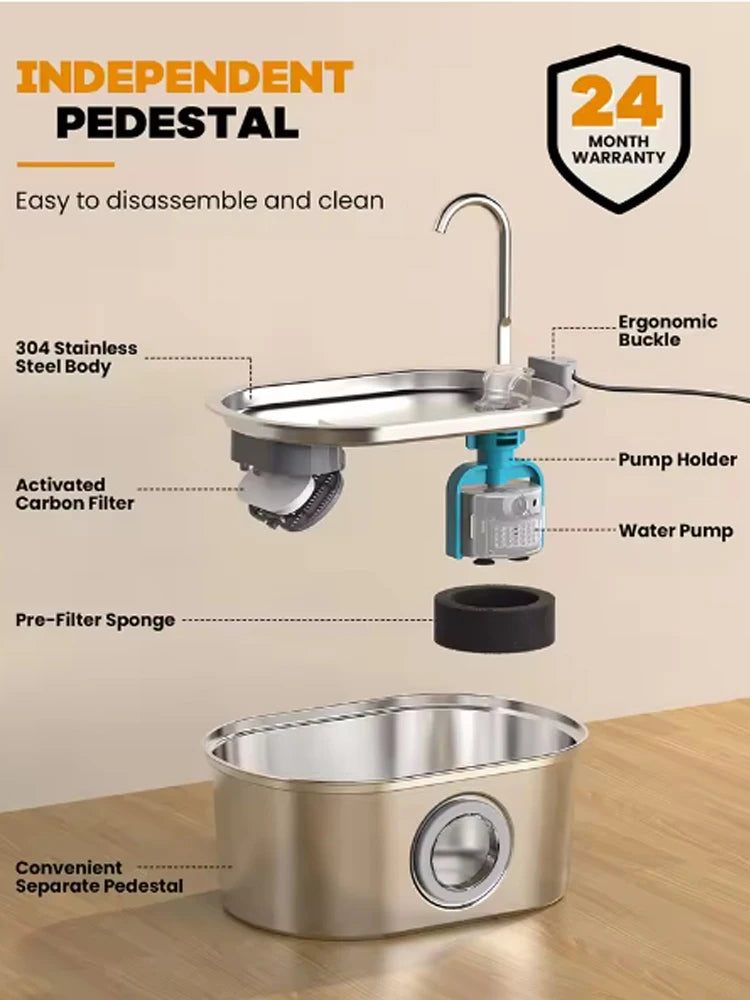 Fuente de Agua para Mascotas de Acero Inoxidable 3.2L