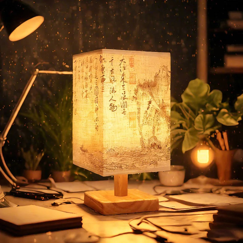 A Chinese style dimmable table lamp with a textured linen shade illuminates a workspace.