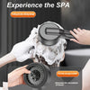A hand is using a black handheld shower head to provide soothing and stress relieving massage on a person's head.