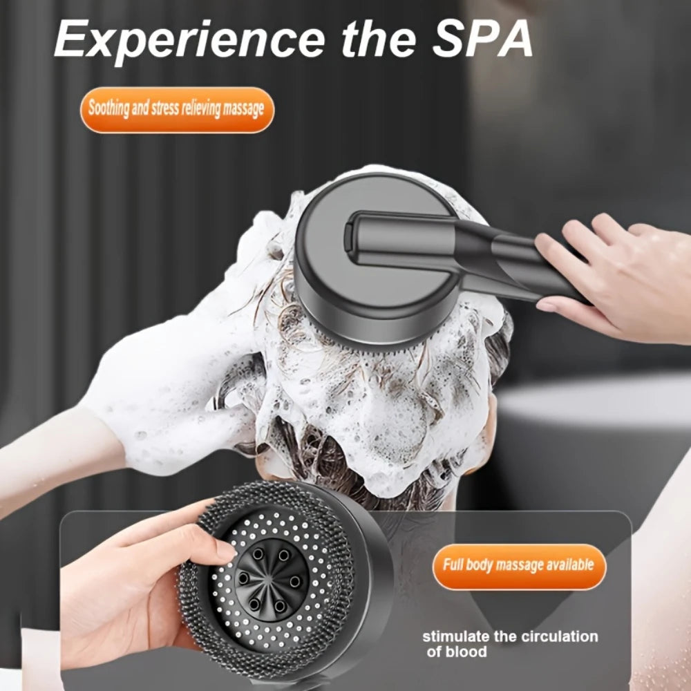A hand is using a black handheld shower head to provide soothing and stress relieving massage on a person's head.