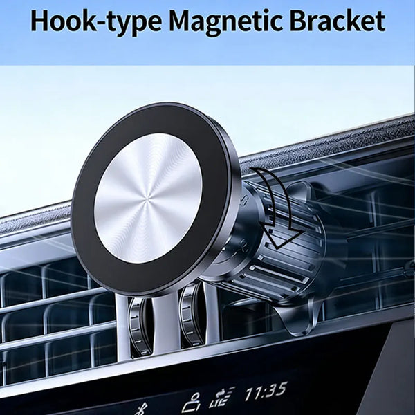 A hook-type magnetic bracket is shown mounted on a car's interior panel.