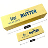 Yellow butter fidget stick with a 14oz salted butter label and a 4oz salted butter label.