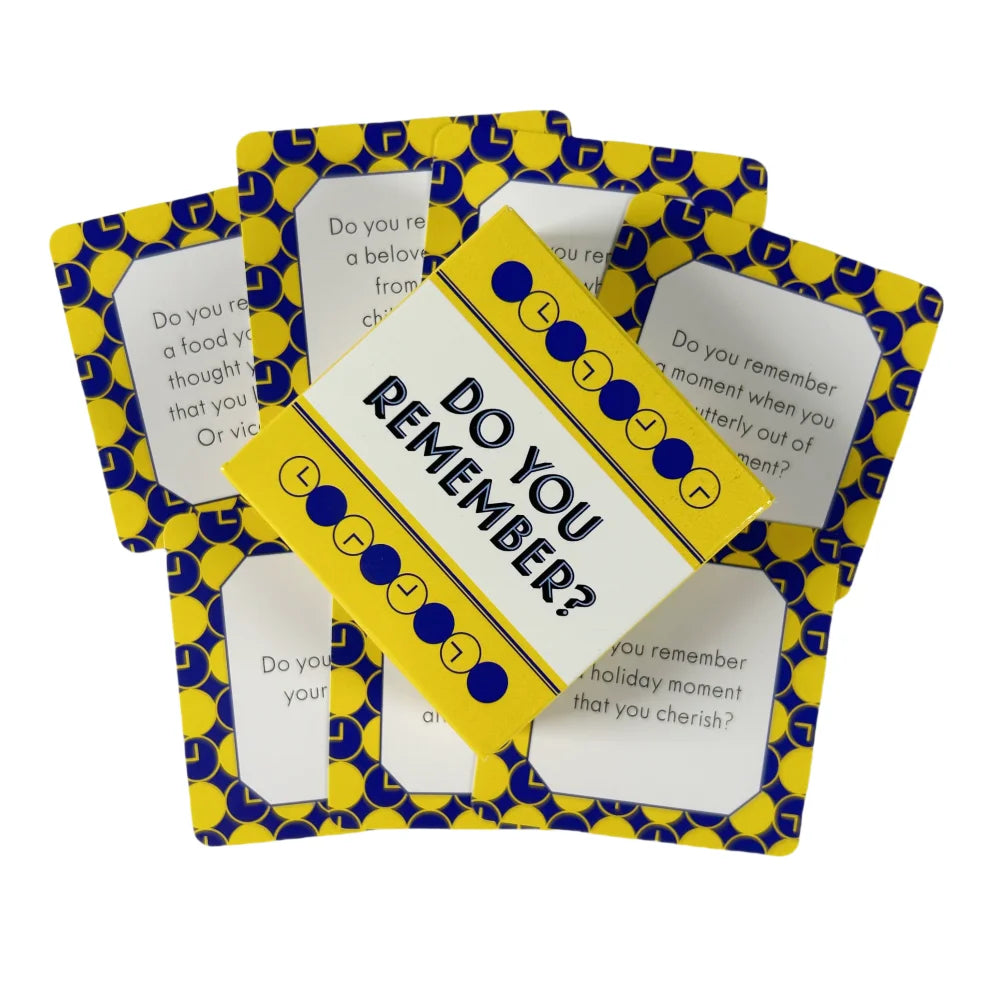 A stack of yellow and white cards with blue accents featuring the question Do you remember?