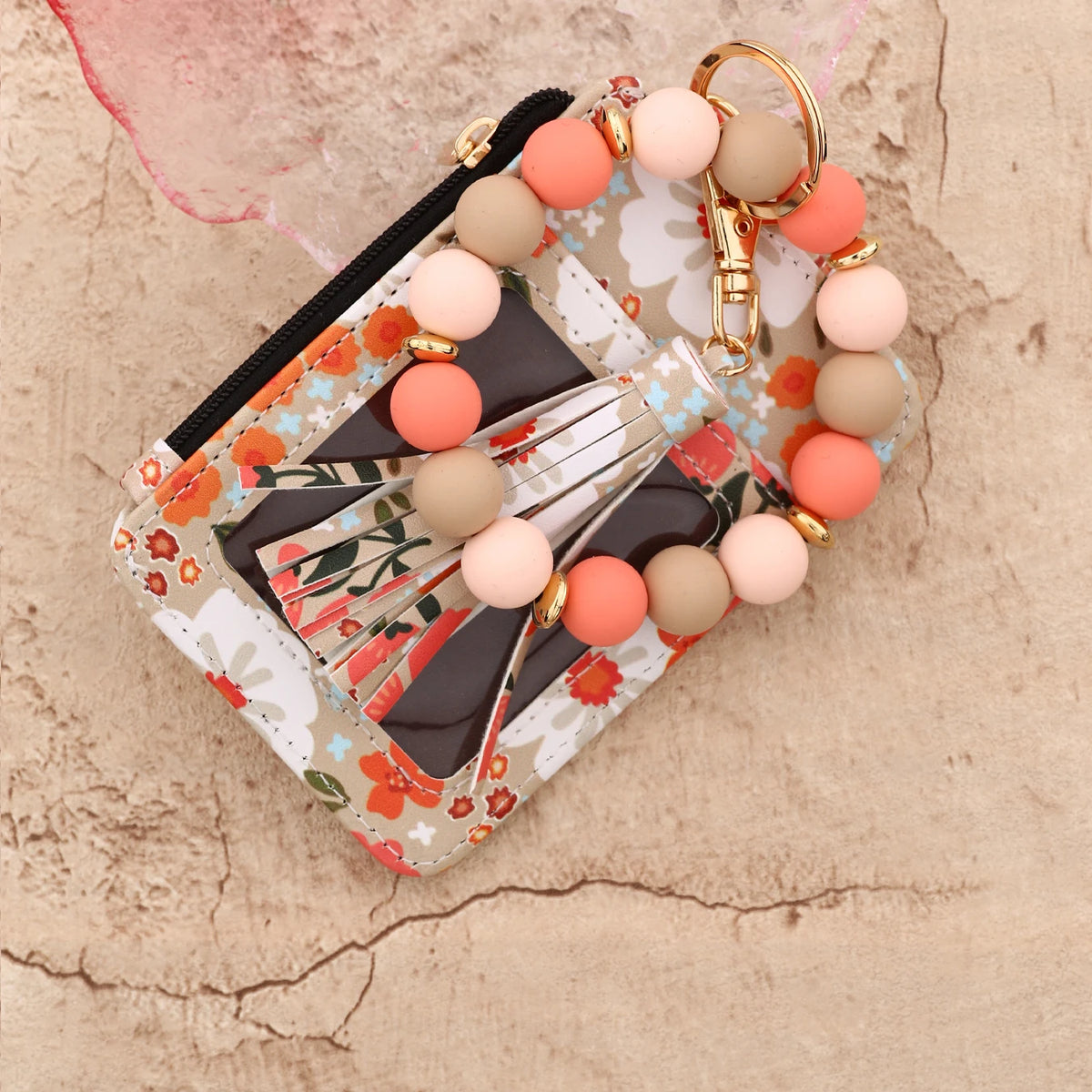 Floral Print PU Leather Wristlet Keychain Wallet with Card Holder