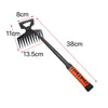 A black 2-in-1 stainless steel weeding shovel and rake with dimensions marked.