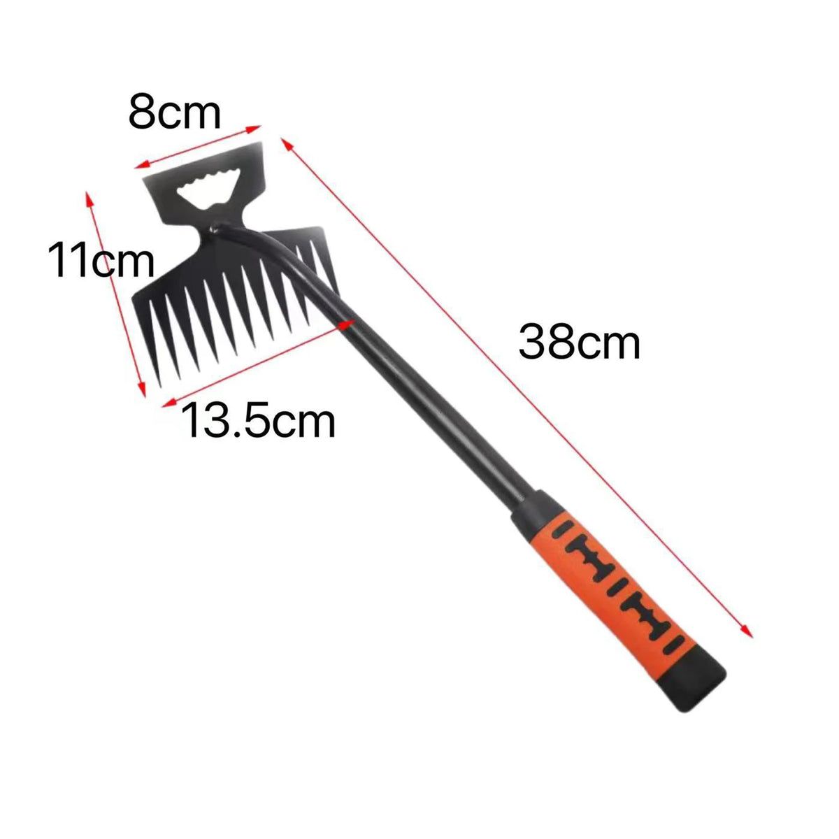 A black 2-in-1 stainless steel weeding shovel and rake with dimensions marked.