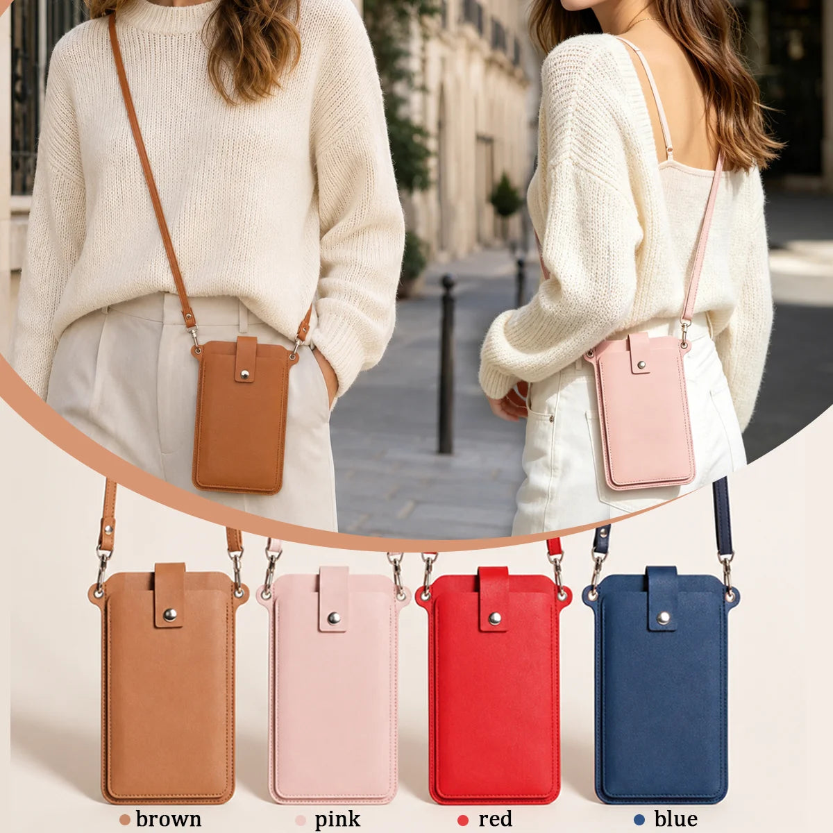 A collection of five compact PU leather crossbody bags in brown, pink, red, and blue shown against a light background.