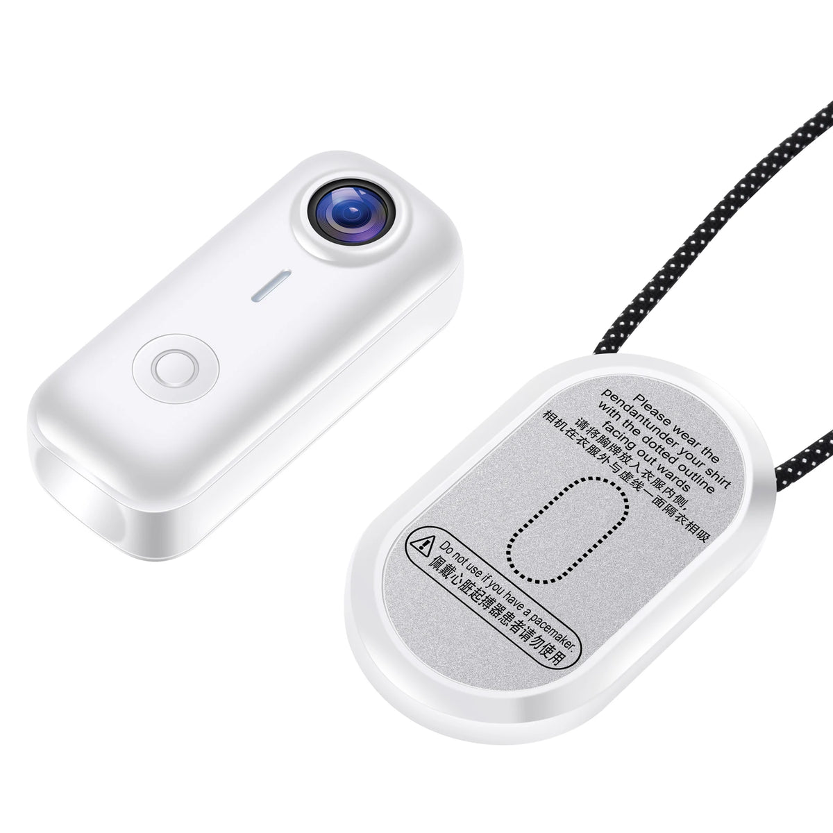 A white compact 1080P vlogging camera with a lens and a black cord is shown against a white background.