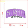 Purple chenille iron-on patch embroidered with the text God Is Good all the time