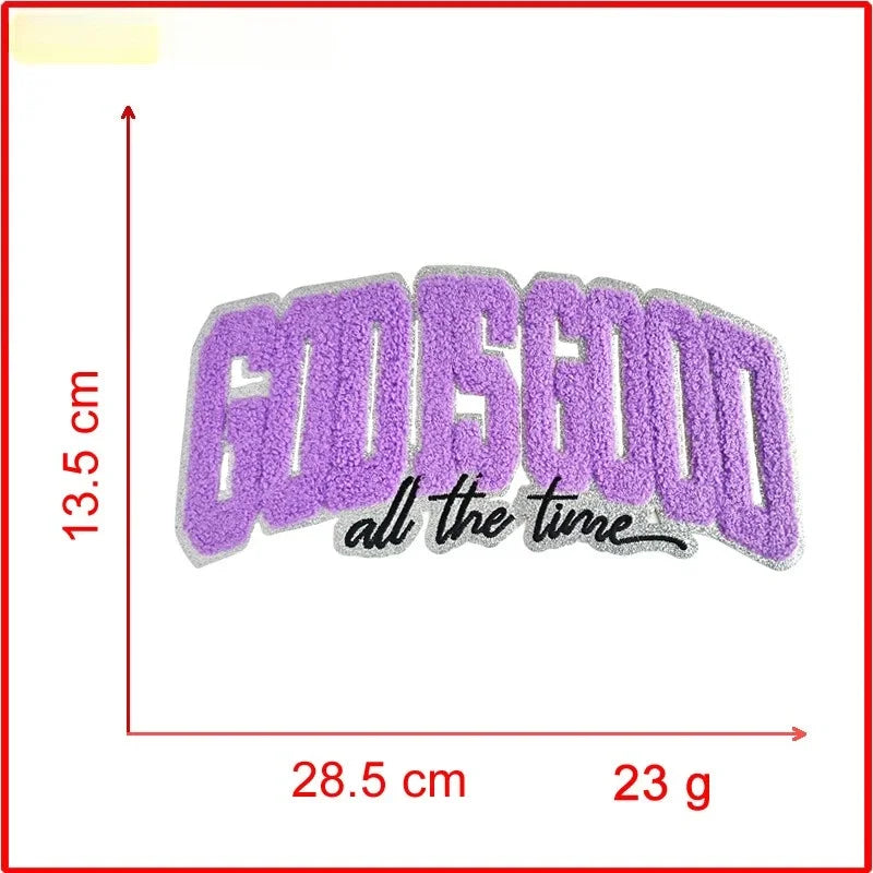 Purple chenille iron-on patch embroidered with the text God Is Good all the time