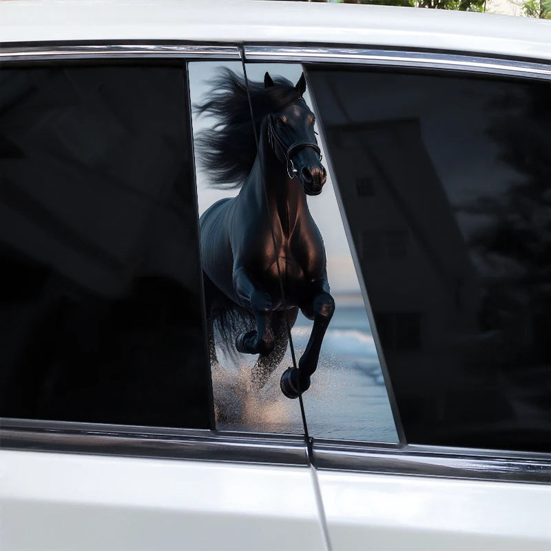A close-up view through a car window showing a black running horse decal against a blurred background.