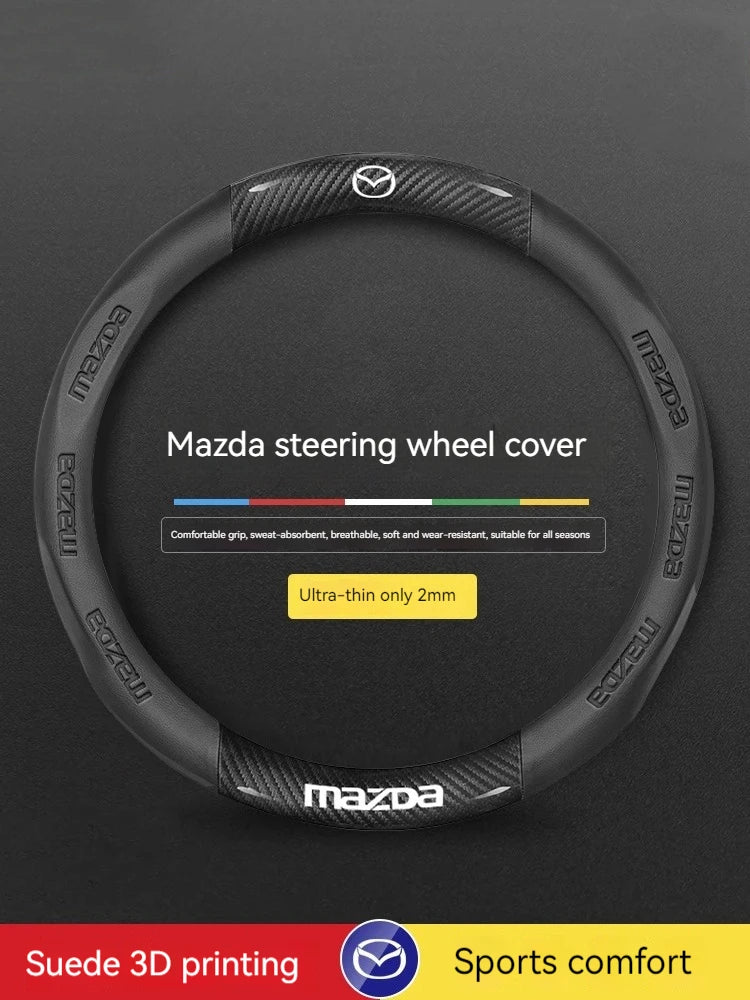 Black suede 3D printed steering wheel cover for Mazda models featuring a sports comfort design