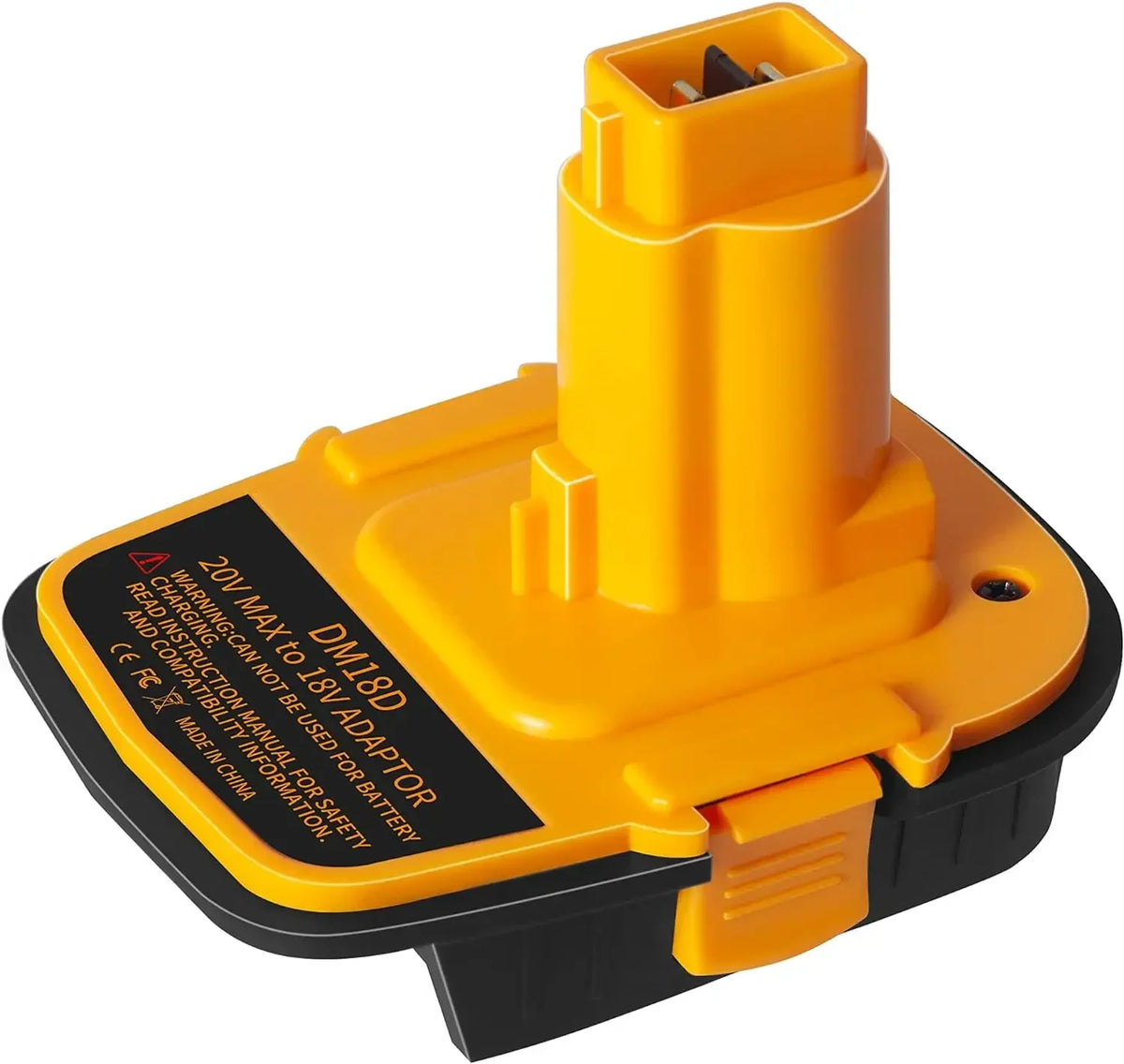 Gelb-schwarzer universeller Batterieadapter mit Anschluss für die Umwandlung in Werkzeugbatterie.