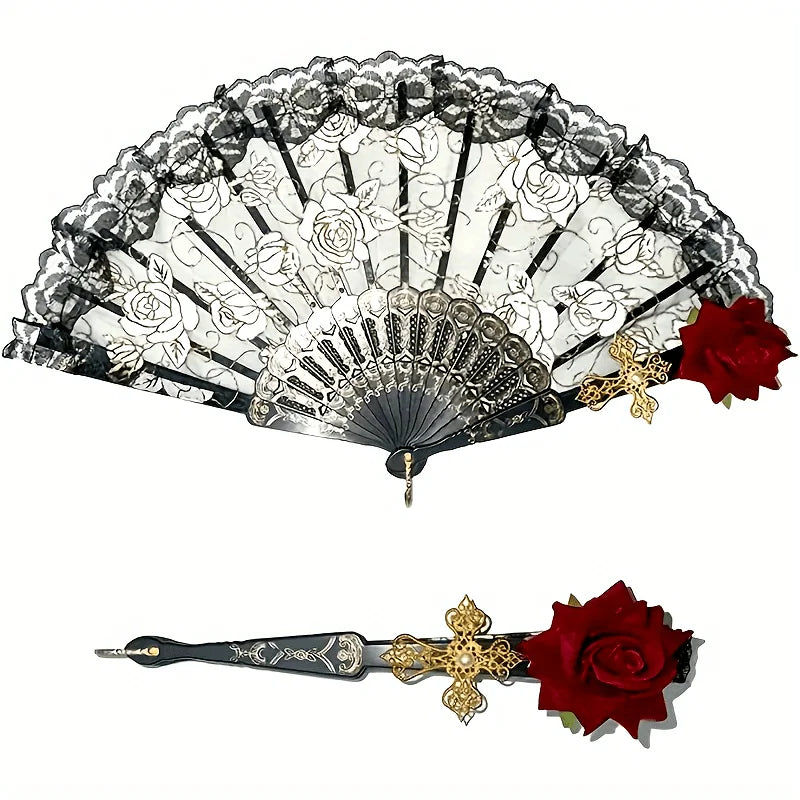 Vintage spanische Flamenco-Rose-Spitzen-Handfächer mit roter Rose-Dekoration