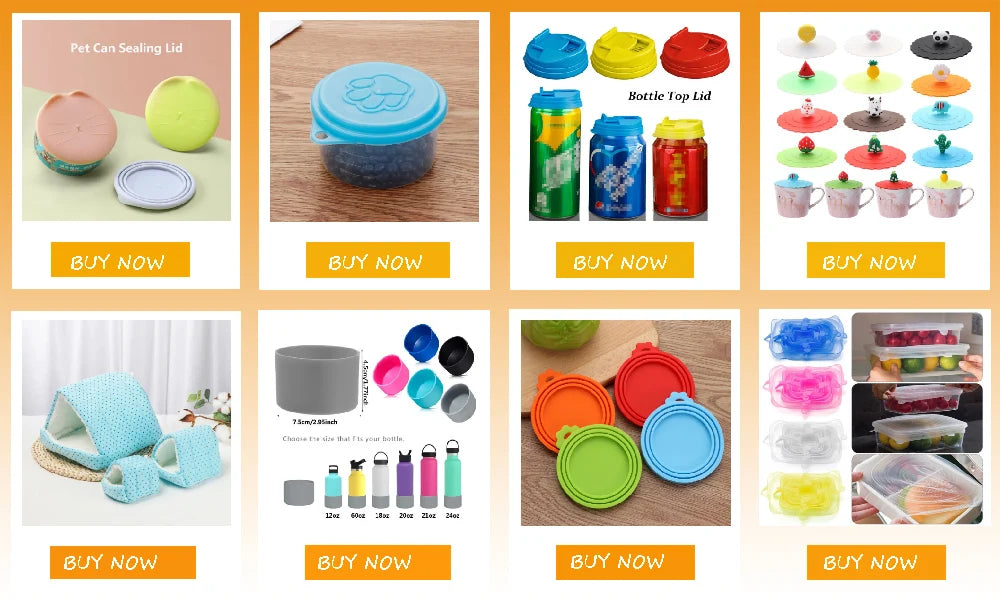 A set of three reusable silicone food storage lids in various colors and shapes for food containers.