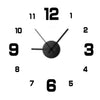 A black analog clock face with numbers 1 through 12 and hour and minute hands.