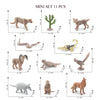 A set of 11 realistic animal figurines including a deer, a cat, a lizard, and various other wildlife creatures.