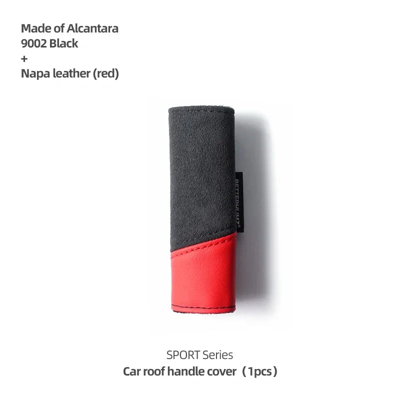 A black and red Alcantara grab handle cover for a car roof, part of the SPORT Series.