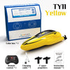 Yellow TY11 racing speedboat kit including a driving license box, remote control, propellers, and instruction manual.