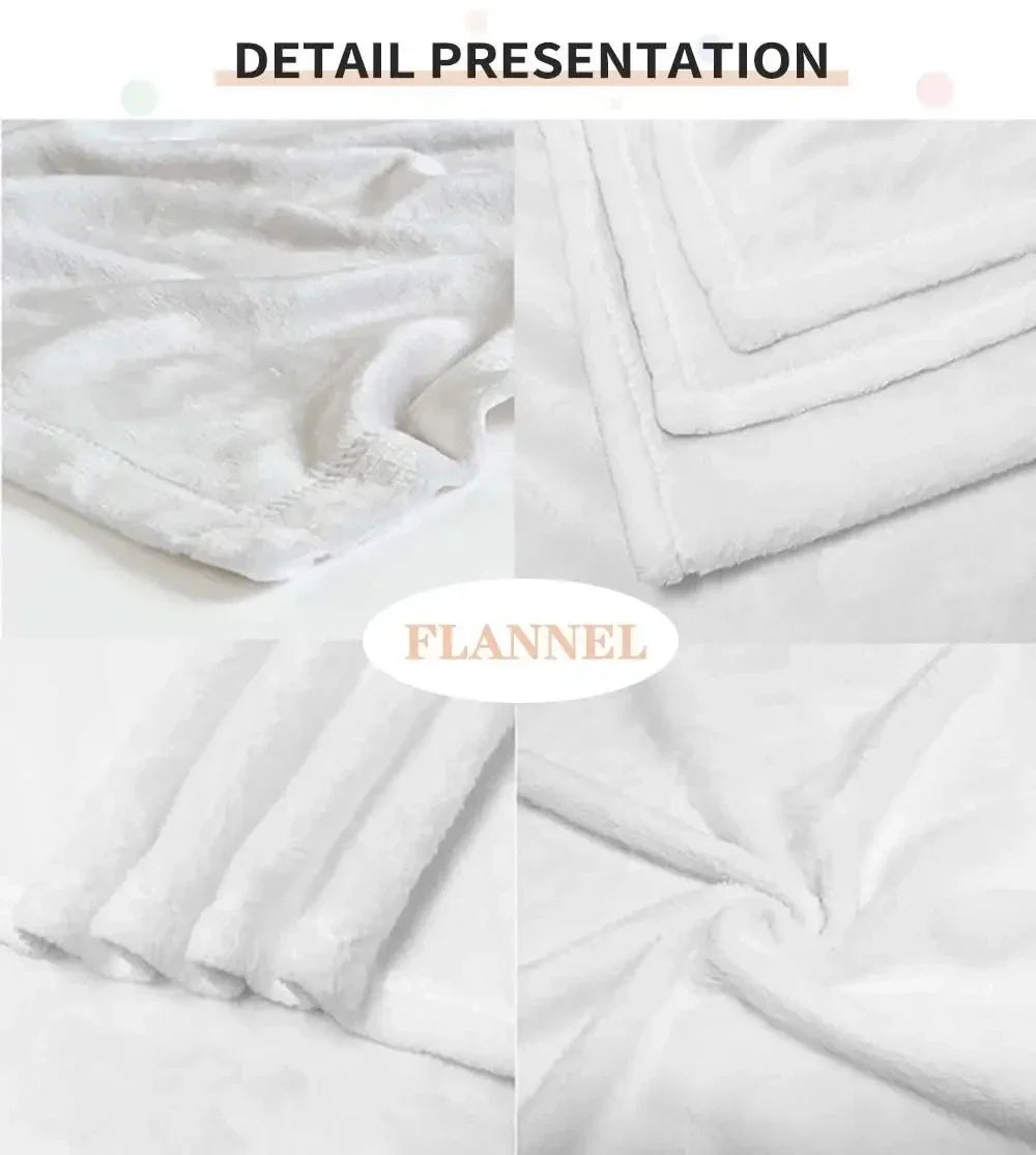 Detail presentation of white flannel throw blankets folded and displayed.