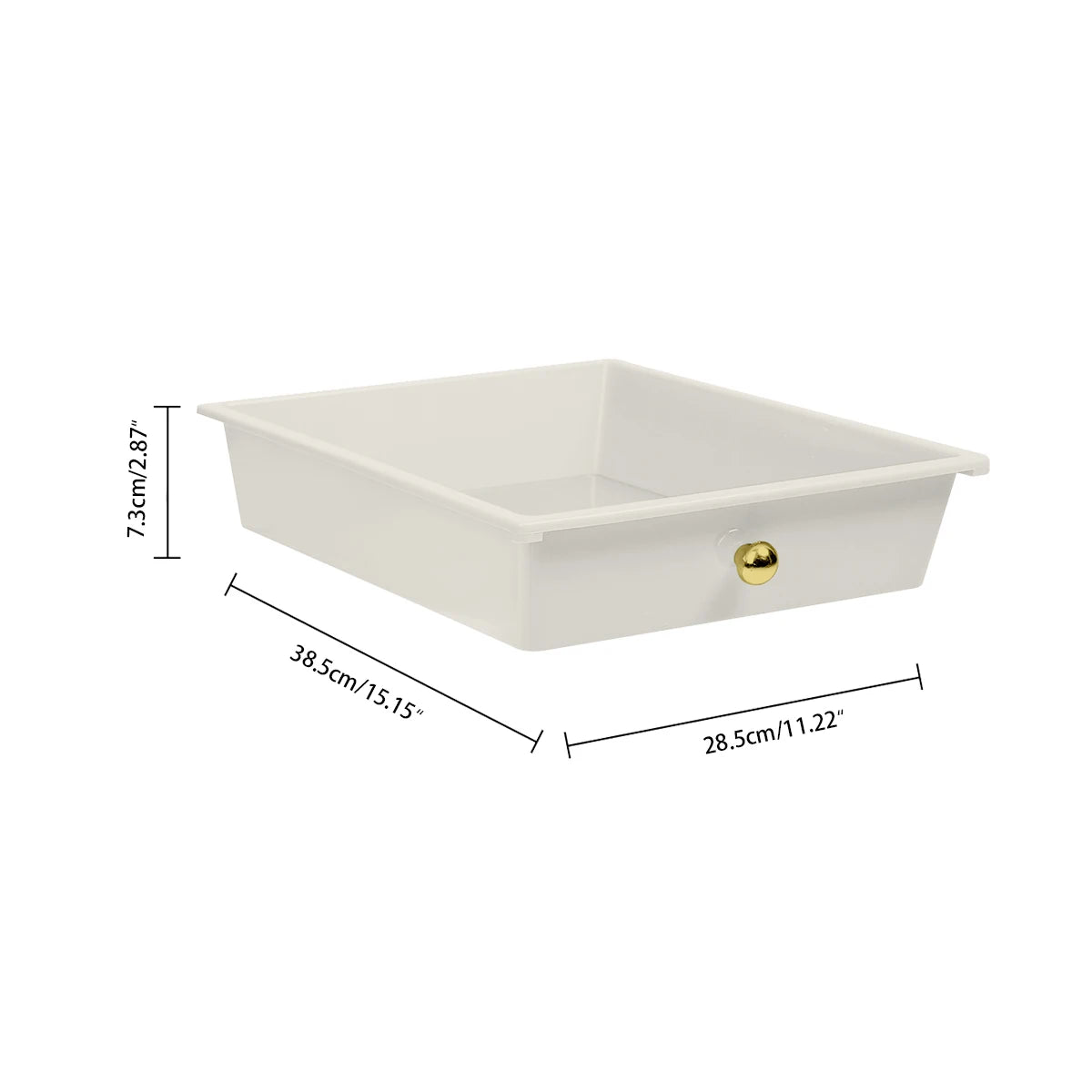 White rectangular storage tray with a gold-colored handle and dimensions 38.5cm x 28.5cm.