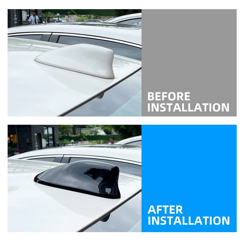 Before and after installation of a sleek shark fin antenna cover on a white car.
