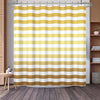 A shower curtain featuring a vertical stripe pattern of alternating gold and white horizontal stripes.