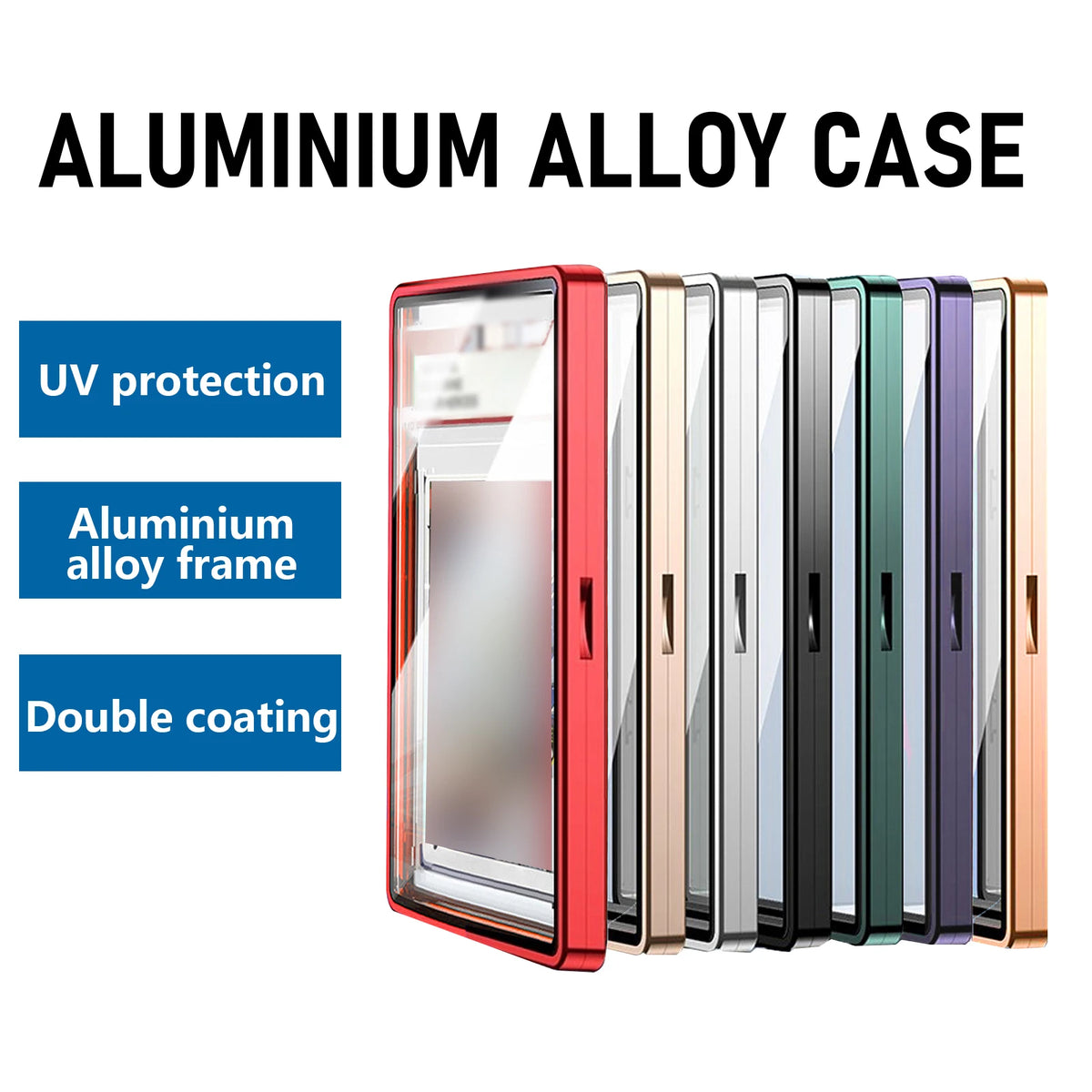 Aluminum alloy case with UV protection and double coating featuring multiple colored trading card display slots.