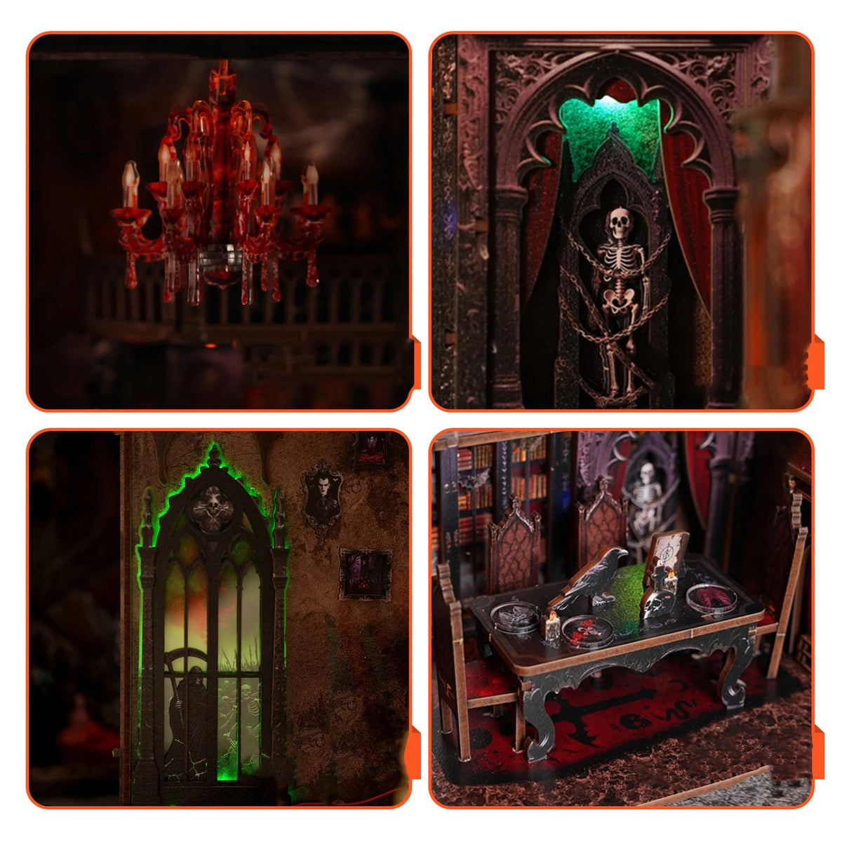 A DIY wooden book nook kit featuring a spooky Halloween miniature shelf insert with glowing LED lights.