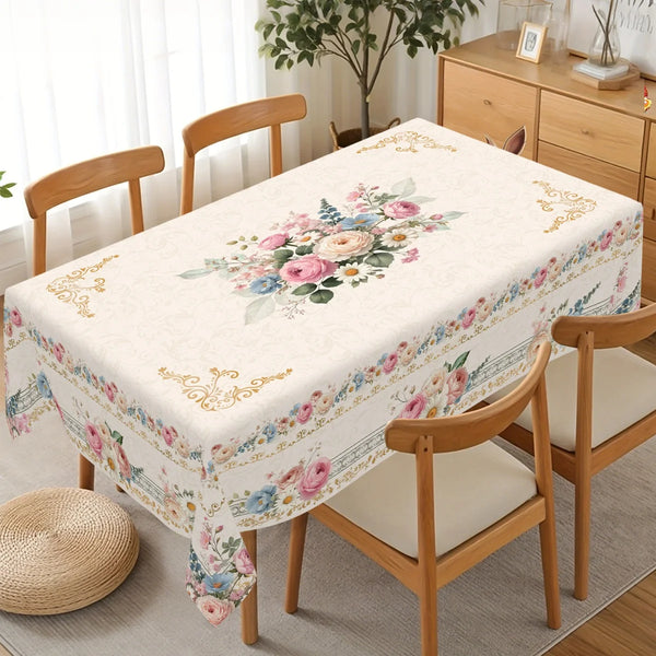 Vintage floral tablecloth set for a dining table with wooden chairs and a potted plant in the background
