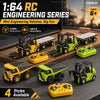A collection of yellow and green 1:64 RC engineering series mini forklifts and vehicles on a wooden surface.