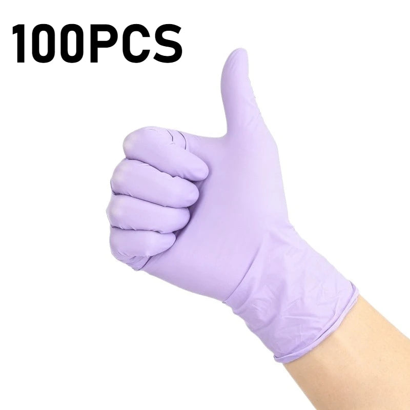 A hand wearing a light purple disposable nitrile glove making a thumbs-up gesture.