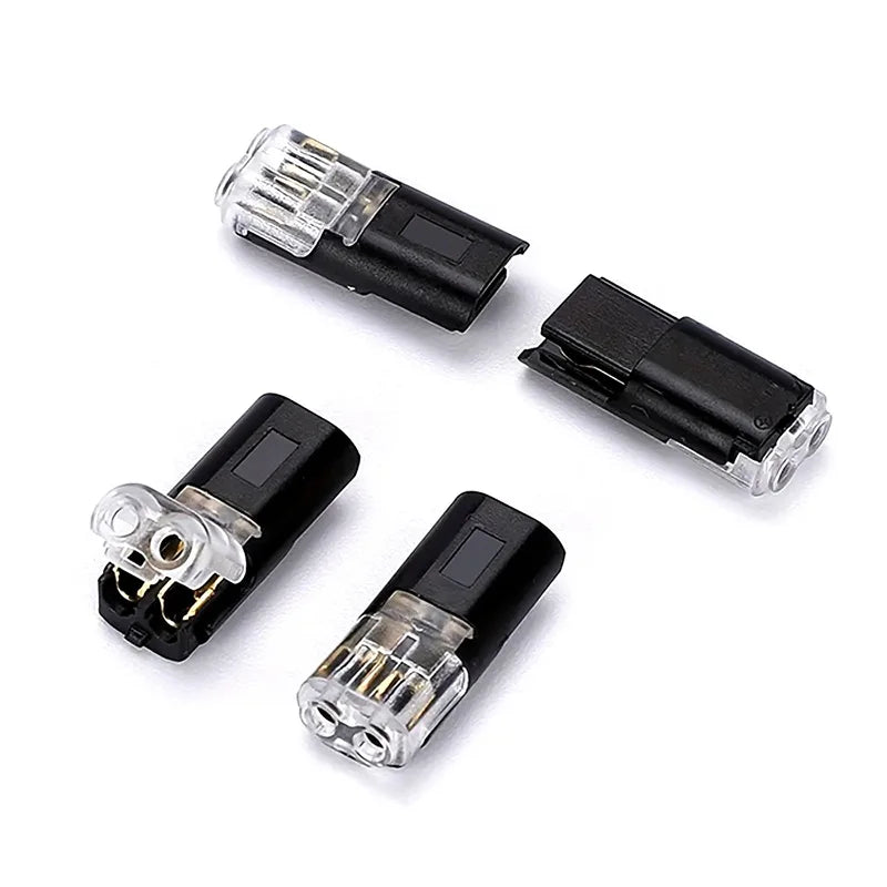 A collection of D2 Double-Line Interlocking LED connectors in black and clear plastic housing.