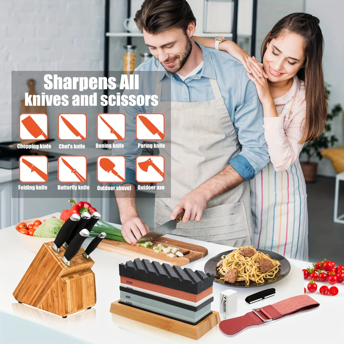 A man and woman demonstrate a complete whetstone sharpening kit with a bamboo base, showing various knives and scissors.
